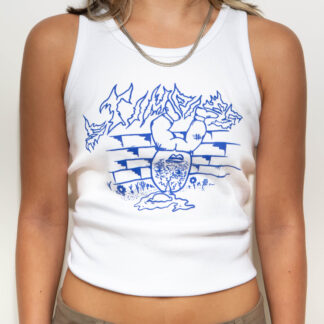 Female model wearing artist Stimpies’ white singlet with a blue print on top depicting a cracked Humpty Dumpty.